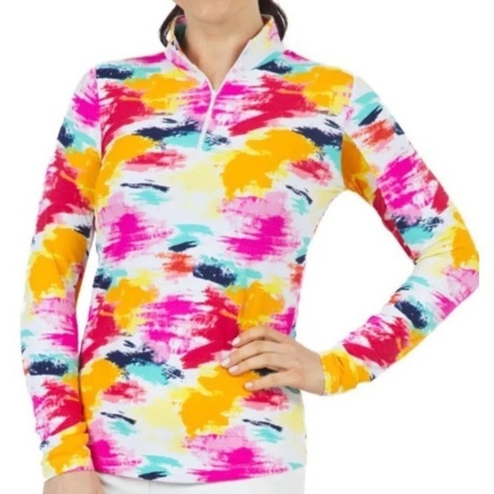 IBKUL MATILDA Multi Color Long Sleeve Mock Golf Shirt Large UPF 50‎ Protection